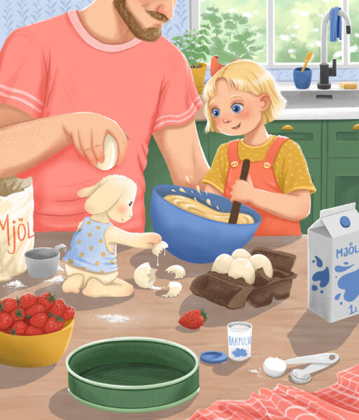 Barnboksillustration. Barnbok. Ett barn bakar kaka tillsammans med sin pappa. Dom är glada. Mjukisdjur. Fantasi. Barndom.