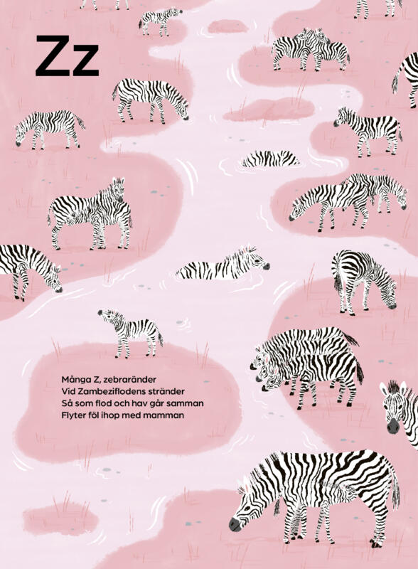Bilderboksillustration av massa zebror på rosa bakgrund
