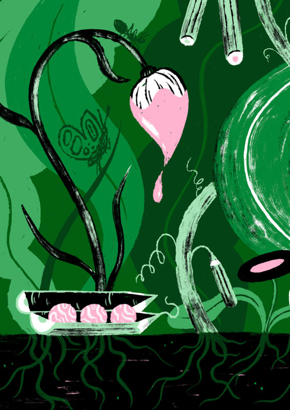 Redaktionell illustration med grönskade pennor och droppande penselknoppar. Fjäril och myra i blommig och slingrande natur. 