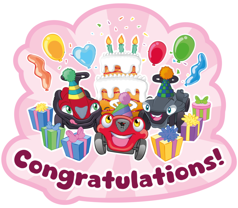 Tre glada bilar i barnslig vektorstil har en fest med tårta, ballonger, presenter och konfetti.