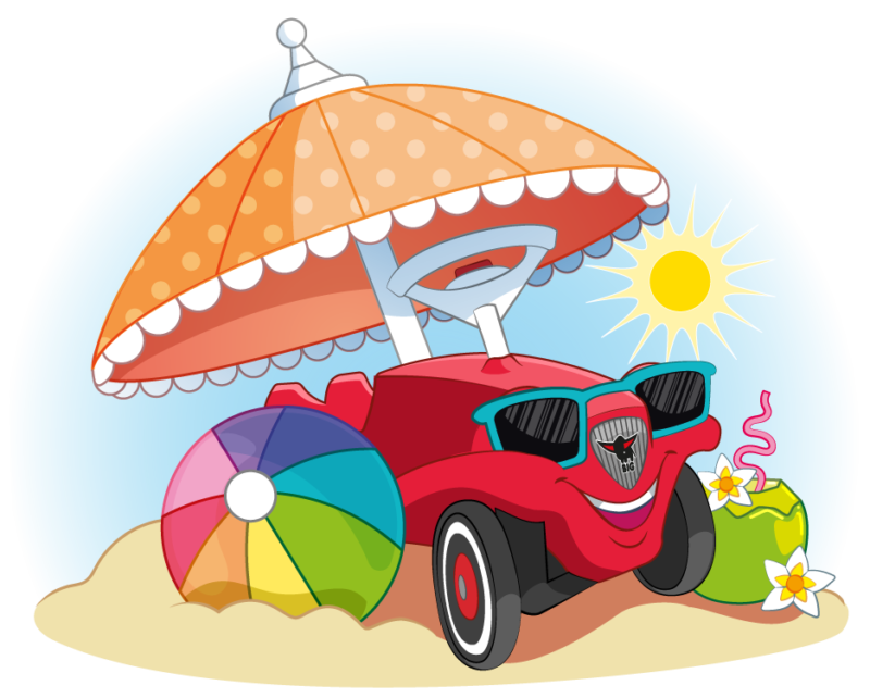 Röd leksaksbil med solglasögon i barnslig vektorstil ligger på stranden under ett parasoll med en badboll och tropisk drink.