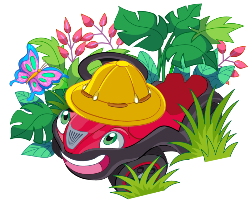 En röd leksaksbil i gullig vektorstil är glad att hitta en färgglad fjäril bland exotiska växter och blad.