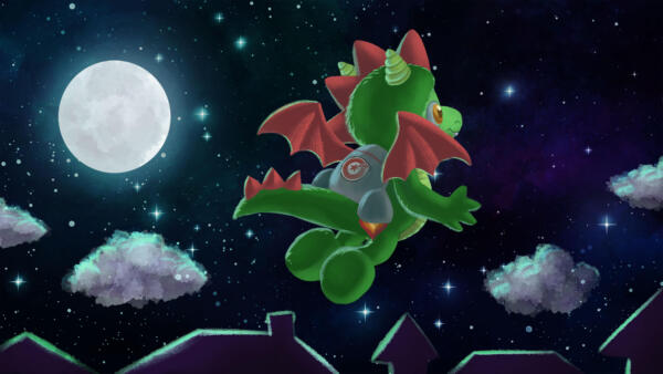 Digital teckning av en drake med raket på ryggen som flyger över en natthimmel fylld av stjärnor.