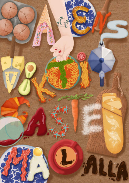 Bild föreställande ett bord med mat, skapat i vektorgrafik, med ett gömt budskap i form av maten. 