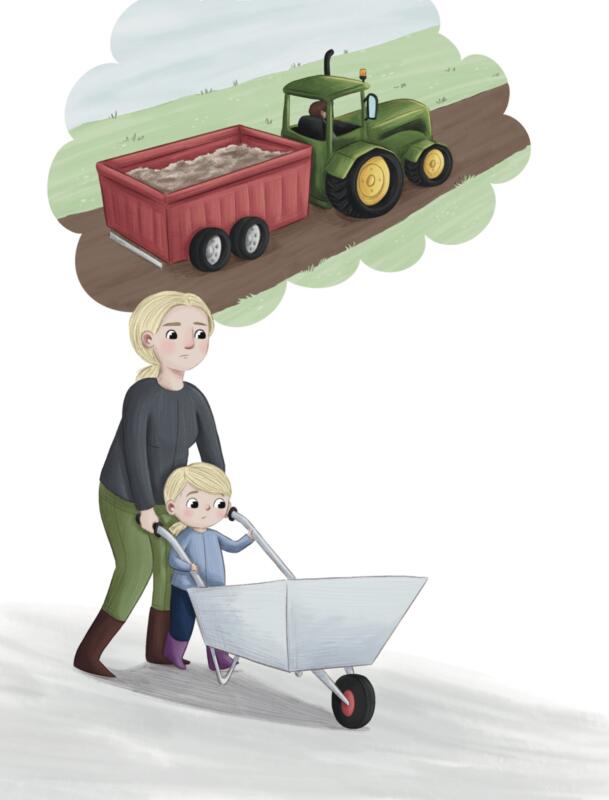 Illustration från boken Nora följer med till stallet. Mamma och Nora hjälps åt att dra en skottkärra. En tankebubbla visar en traktor som hämtar hästbajset i en stor släpvagn.