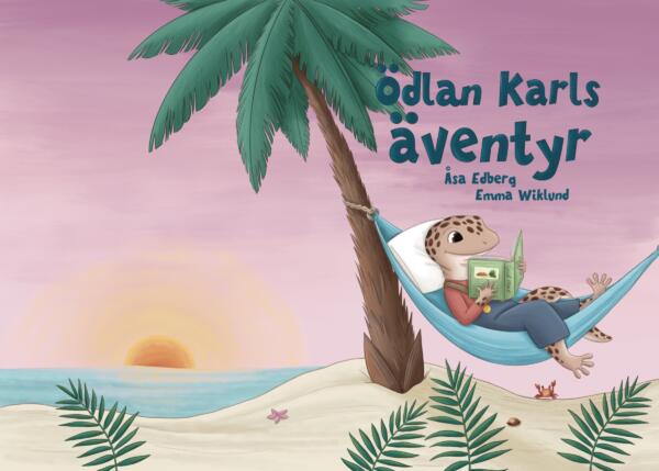 Omslag till boken Ödlan Karls äventyr. Ödlan Karl ligger i en hängmatta på en strand och läser en bok.