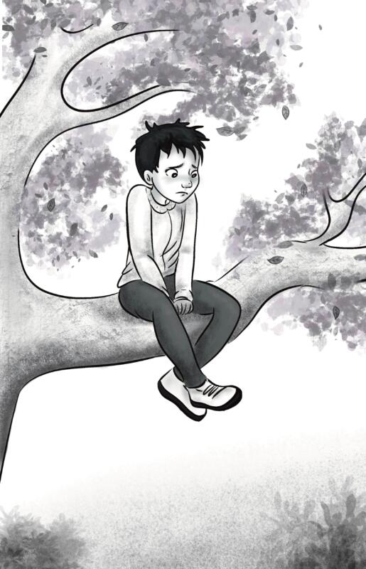 Ledsen pojke sitter i träd, svartvit illustration