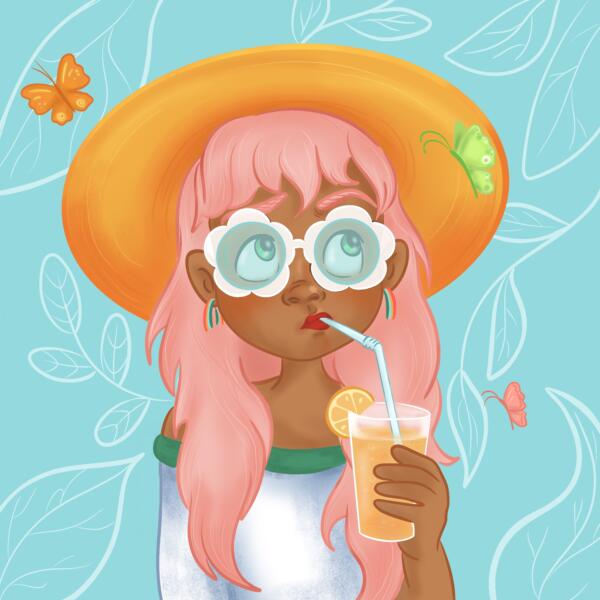 Girl, pink hair, dricka, sommar illustration