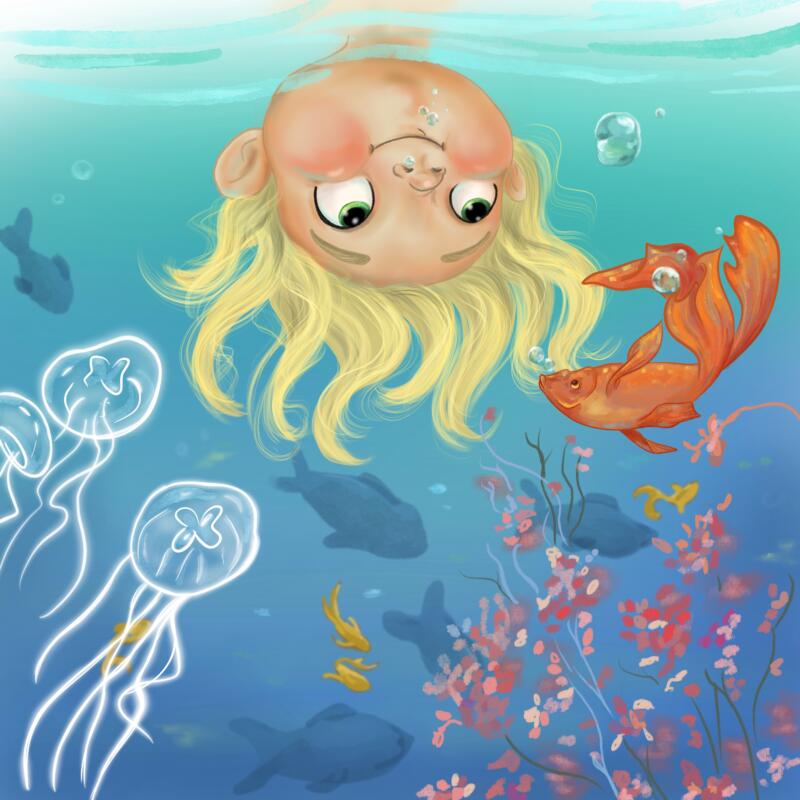 digital ocean illustration, fishes, children