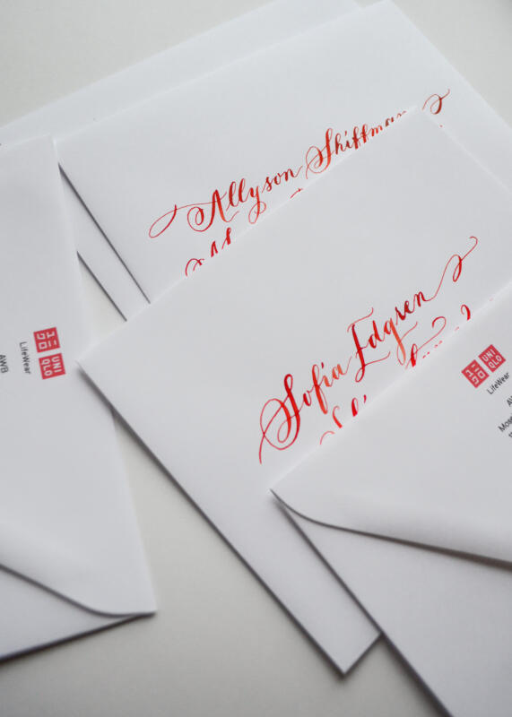 Uniqlo invitation design re-uniqlo envelope calligraphy kalligrafi lettering