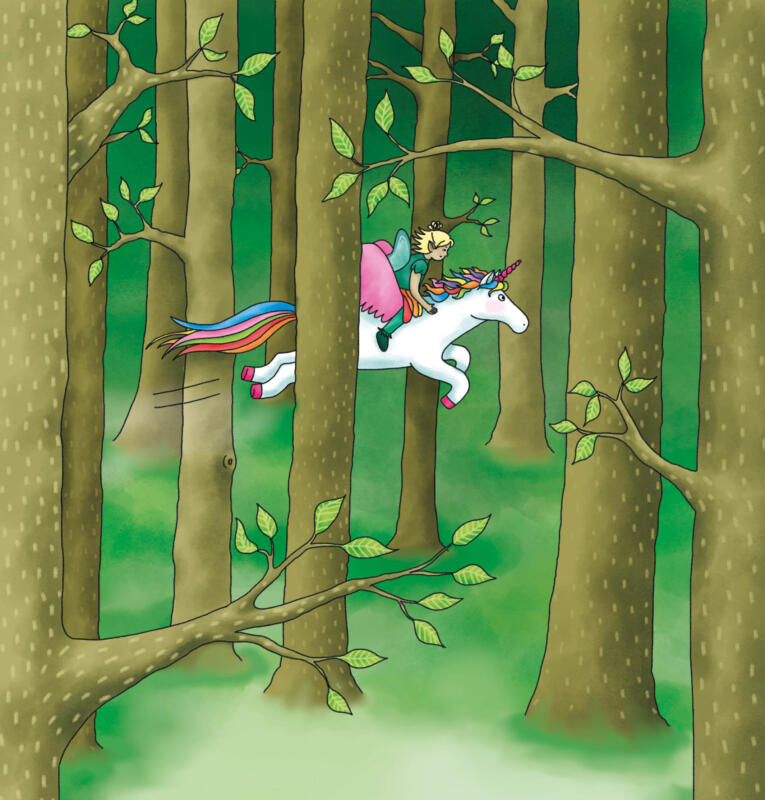 Fiona och enhörningen Glitterstjärna flyger genom skogen.
