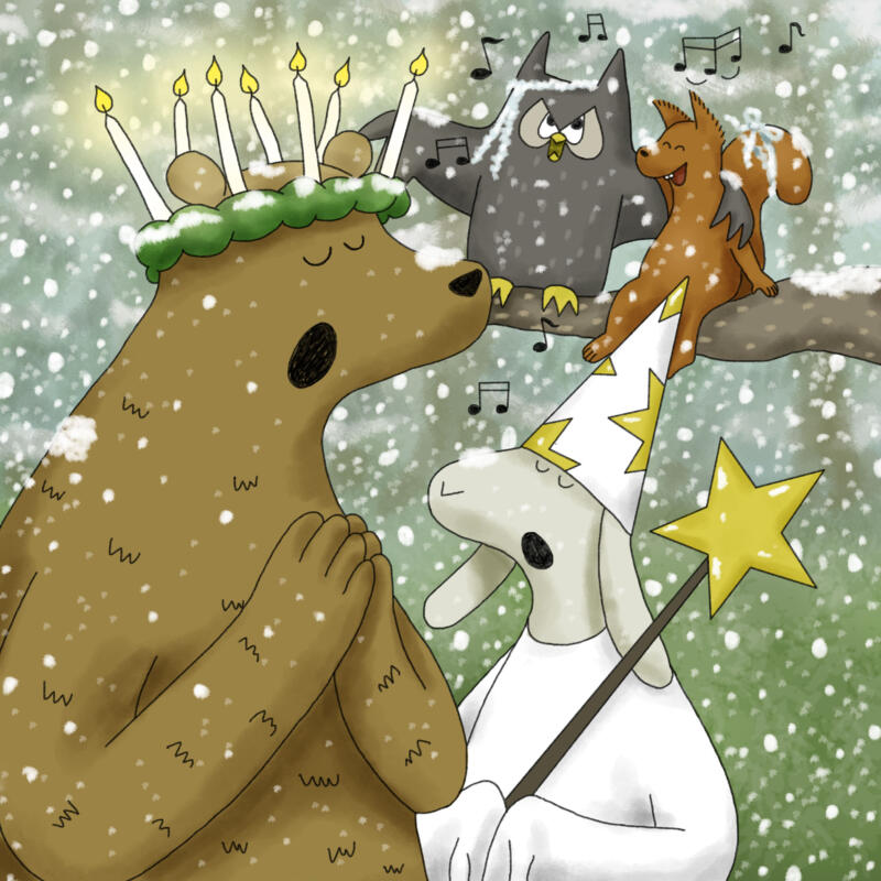 Ett luciatåg i snöfall med en björn, en hare, en uggla och en ekorre.
