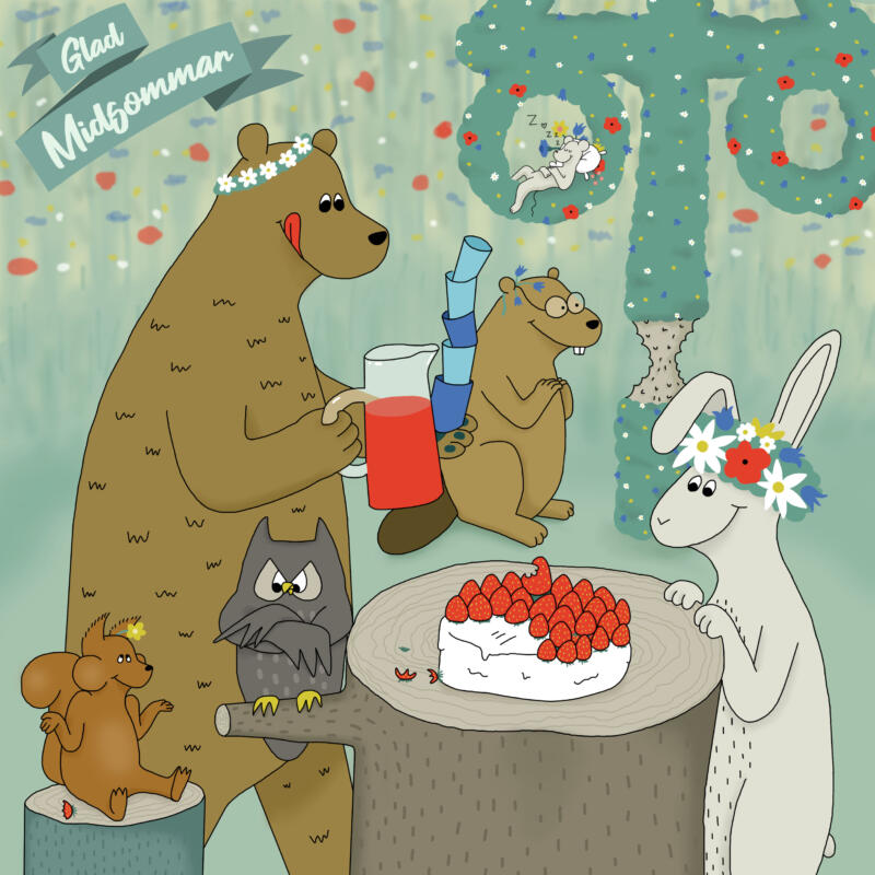 En björn, en hare, en uggla, en ekorre, en bäver och en råtta som firar midsommar med jordgubbstårta och midsommarstång.