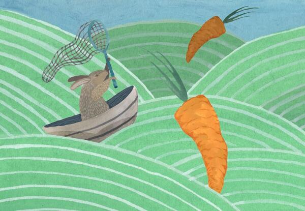 Gouachemålning för öletikett, bilden visar ett böljande grönrandigt fält där en kanin i båt jagar morötter med håv. 