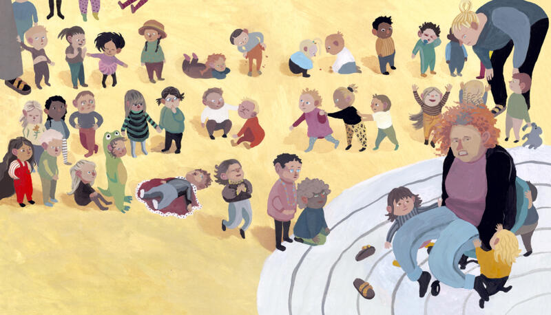 Gouachemålning. Bilden visar en stor samling barn och enstaka vuxna som står i en lång ringlande kö. De köar till en snurrstol, där en pedagog blir snurrad runt av tre barn. 
