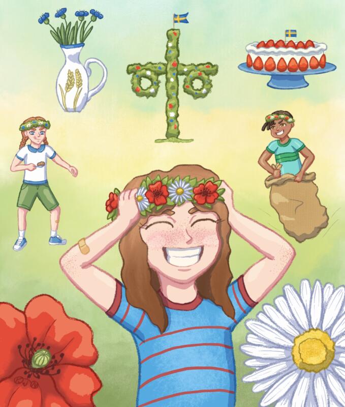 Rolig illustration för barnbok, midsommar kul med blommor, lekar och tårta