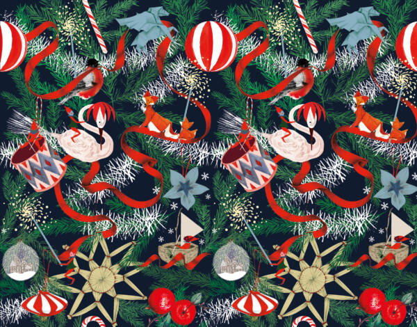 Lina Ekstrands illustrationer till Åhléns julkampanj, mönster till inslagspapper med handtecknat klassiskt julgranspynt
