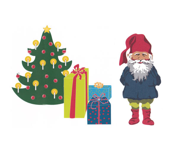 Digitala illustrationer av en gran, paket och en tomte. Användes för julkort och annat. Illustratör Maria Helgars, designmaria.se