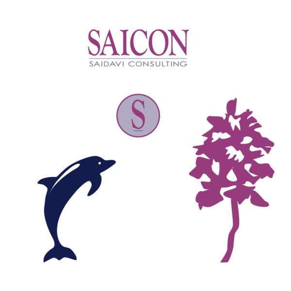 Logotyp och illustrationer av en späckhuggare och en orkidé, som en del av den grafiska stilen för konsultbolaget Saicon. Design Maria Helgars, designmaria.se
