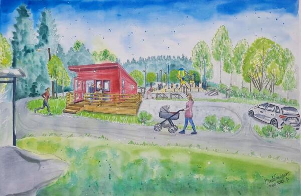 Akvarellillustration av en visionsbild med en lanthandel, människor som tränar, promenerar och väntar på bussen. Design och illustration: Maria Helgars, designmaria.se