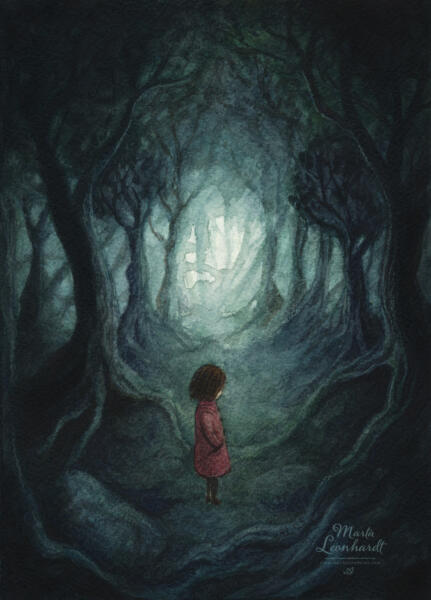 "Vilse", bokillustration i akvarell av Marta Leonhardt. Tema fantasy, sagor, folksagor, spänning, spöklikt, ensamhet, vilse i skogen för barnböcker 6-9år eller bilderbok 3-6år.