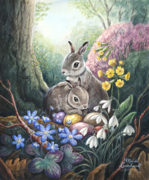 Harungar med påskägg bland vårblommor som vitsippor, blåsippor och gullvivor. Akvarellmålning av gulliga djurungar. Illustrationer i akvarell av Marta Leonhardt för Påskkollektion 2024, Hedlundgruppen. Trycks på påskägg och andra produkter. Detaljerade illustrationer för bilderböcker, barnböcker, barnrummet mm. Kaniner med vårblommor.