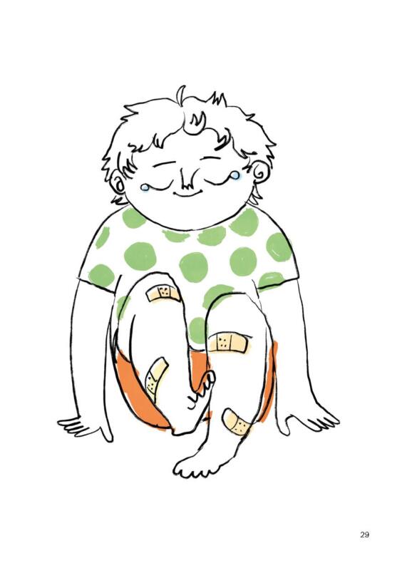Digital illustration av barn med prickig tröja och plåster på benen. Från boken "101 Barnsliga Rättigheter" av SOS Barnbyar.