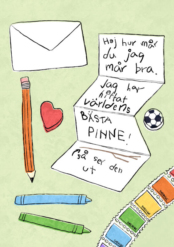 Digital illustration föreställande handskrivet brev skrivet av ett barn, frimärken, kritor, och penna. Från boken "101 Barnsliga Rättigheter" av SOS Barnbyar.
