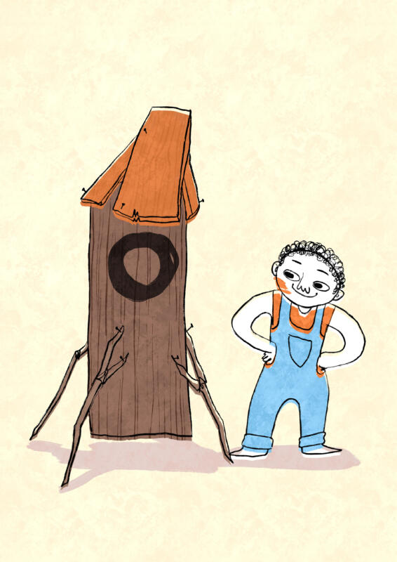 Digital illustration föreställande ett barn som byggt en rymdraket av bråte. Från boken "101 Barnsliga Rättigheter" av SOS Barnbyar.