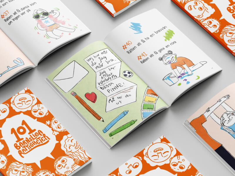 Omslagsbild samt uppslag från boken "101 Barnsliga Rättigheter" av SOS Barnbyar. Digital illustration av barn och handskrivet brev.