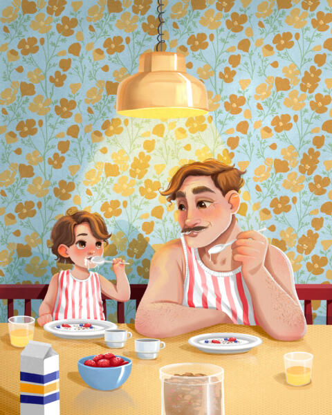 Pappa och barn äter frukost tillsammans. Barnboksillustration.