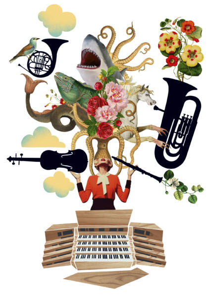 Kvinna som står bakom orgel med olika musikinstrument, sjöhäst, bläckfisk, ödla, haj och blommor.