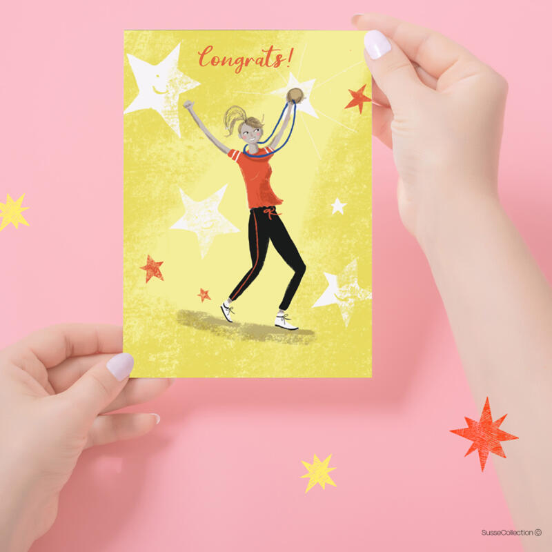 Congratulations Illustration by Susse Linton  licensed  for greeting card Calypso  Greeting Cards in the USA