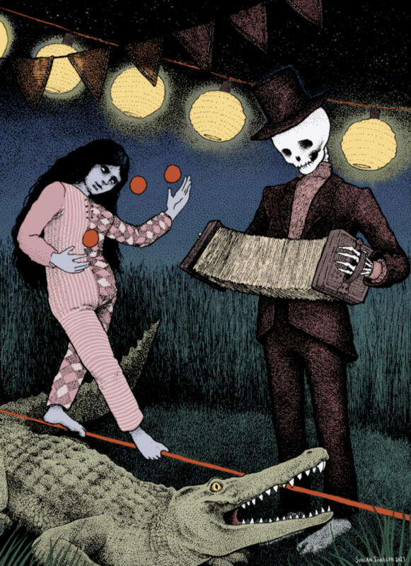 En flicka som går på lina över en krokodil och ett skelett som spelar dragspel. 