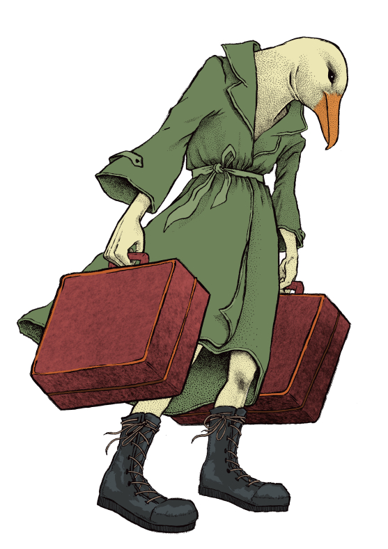 Illustration av en fågel med resväskor i tidningen Galago