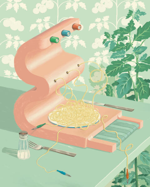 Poster illustration with musical spaghetti machine