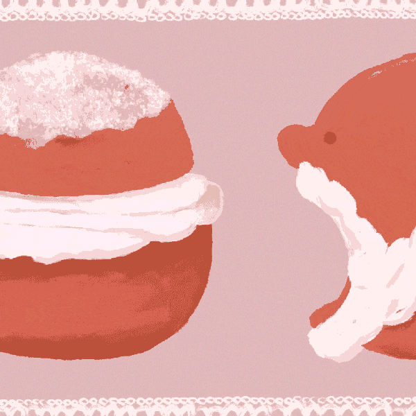 A hand drawn animation of someone eating a cream bun and then becoming the bun.
