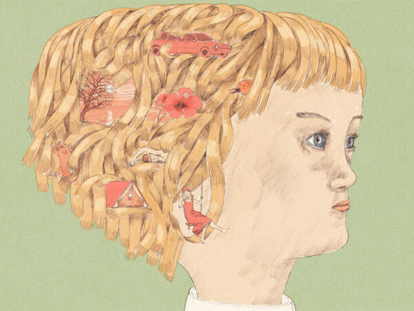 Portrait of girl with random thoughts/objects stuck in her hair.