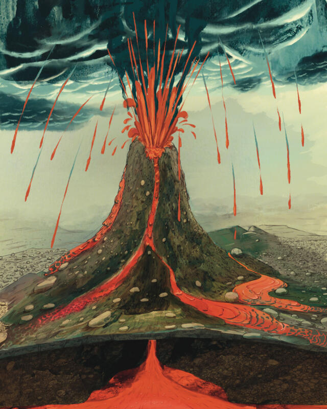 Hand drawn illustration of a volcanic eruption.