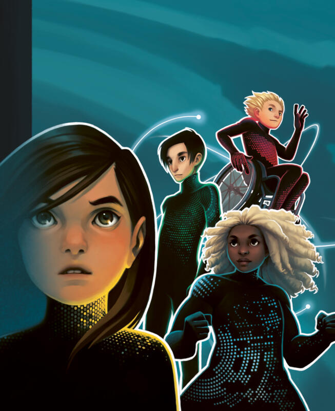 Colorful digital illustration with four kids wearing black superhero suits with bright colored lights. One girl with brown hair, looking worried. One girl with white hair, dark skin and big muscles. One skinny boy with black hair and black eyes. One blonde boy in a flying wheelchair.