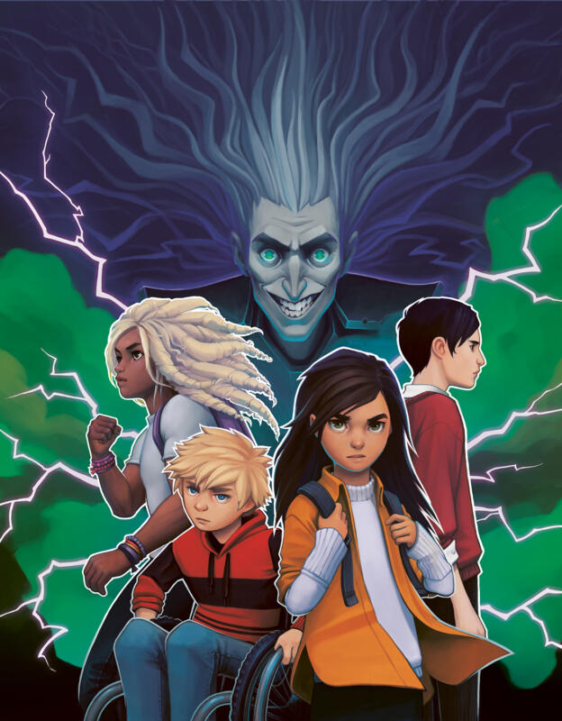 Bright colored illustration of four kids and a villainous looking man smiling crazily in the background. One black girl with white dreadlocks, colorful bracelets and big muscles. One blonde boy in a wheelchair, wearing a red and black hoodie. One serious looking girl with long brown hair and a yellow shirt. One serious pale,  black haired boy in a red shirt. Green smoke and lightning. Scary mad scientist with long white hair.