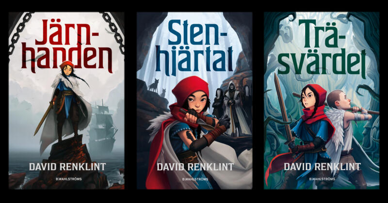 Book cover illustrations depicting a girl in three different settings. The girl has a red hat, a white fur cloak and a blue tunic. She is holding a wooden sword. 