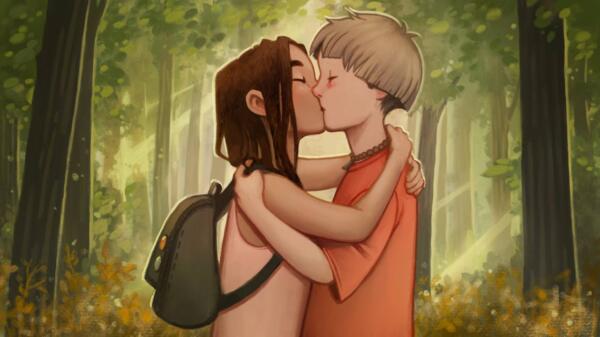 An illustration two kids kissing in a sunlit forest. It has warm colors and a hand painted feeling. 