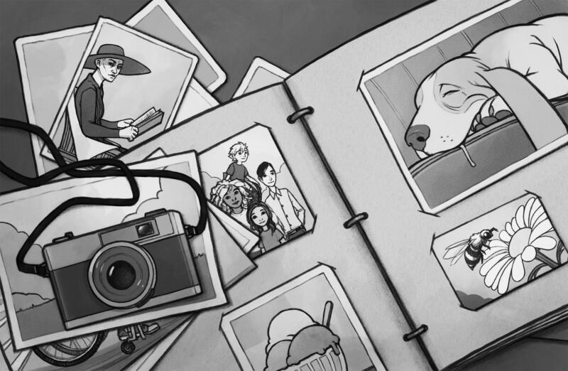 Black and white drawing of a table covered by a photo album and scattered pictures. There is an analogue camera on top of the album. The pictures show a lady in a hat, four kids, ice cream, a sleeping dog and a bee on a flower.