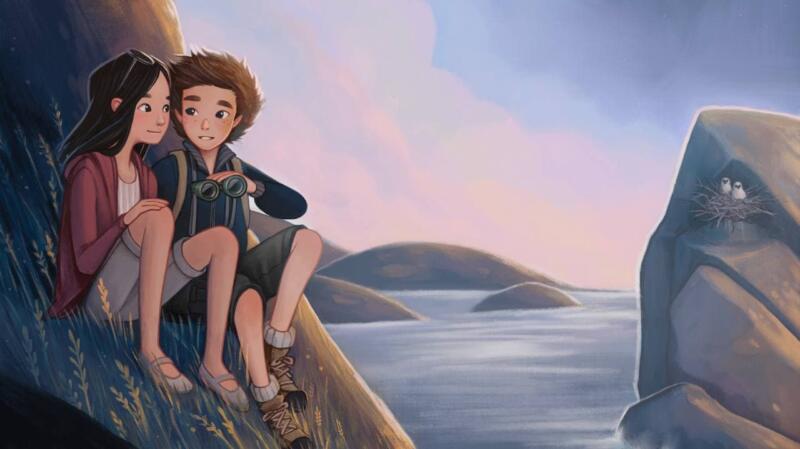 Illustration of a boy and a girl sitting on cliffs by the sea in sunset. The boy is holding binoculars and offers them to the girl. There is a nest with baby birds on a cliff in the background. The illustration has a hand painted feeling and blue purple and pink colors.