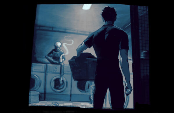 Digital illustration i handmålad mangastil. Två män möts i ett tvättrum. En sitter och läser uppepå en tvättmaskin och en står med en tvättkorg. Mörk, stämningsfull  och något hotfull atmosfär med kalla färger och lysrörsbelysning.