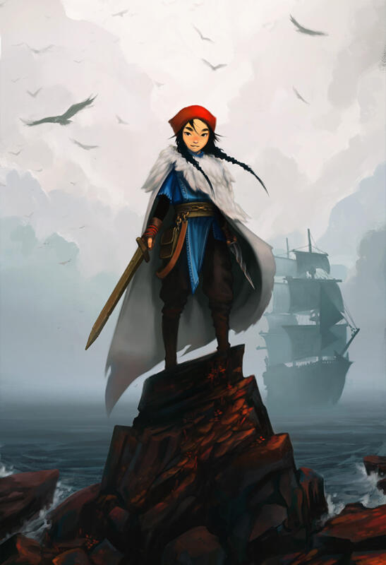 A girl standing on a cliff in front of a gloomy sea covered in mist. There is a pirate ship behind her and birds in the cloudy sky. The girl looks confident and wears a red hat, blue tunic and big white fur cloak. She holds a wooden sword and a dagger.