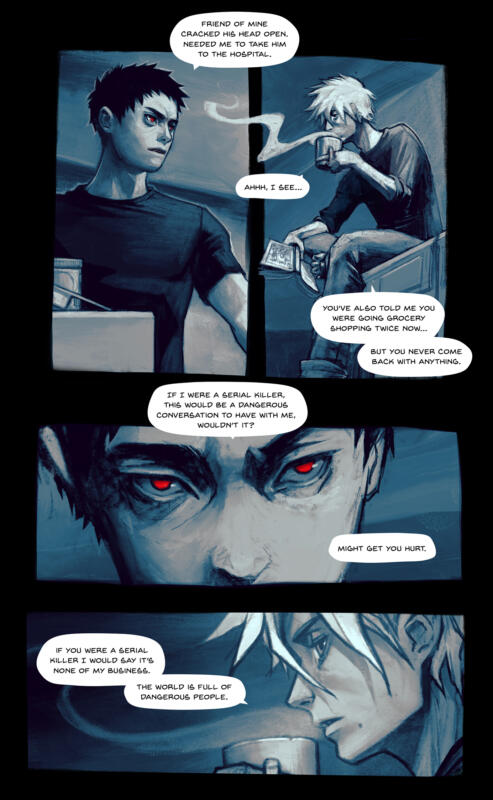 A page from a comic, painted in a hand drawn manga style with painterly textures. Cold blue colors and a dark threatening atmosphere. The scene is in a laundry room at night. One muscled man with dark hair and clothes has red eyes and vampire teeth. The other man is skinny, has white hair and drinks tea. There are speech bubbles with dialogue between the two men.