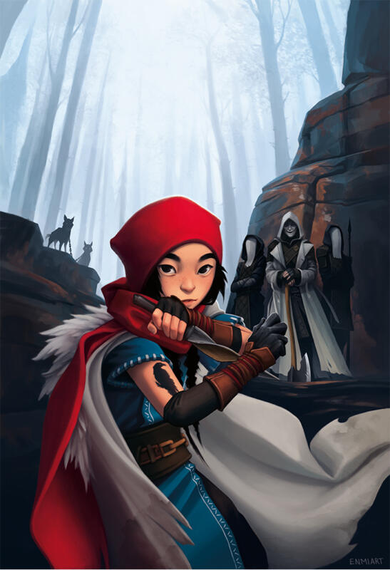 A girl standing in a confident defensive fight pose in a forest. She holds a spiral dagger and has an iron hand. She is wearing a blue tunic, a red scarf, leather arm guards and a big white fur cloak. There are masked pirates and wolves standing on cliffs in the background.