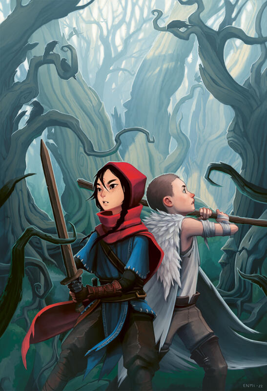 Two girls standing back to back in a fantasy forest, fighting against twisted living trees. One girl has a red hat, braids, blue tunic, leather armor and a wood sword. The other girl has shaven hair, bandaged arms, a staff and a white fur cloak.